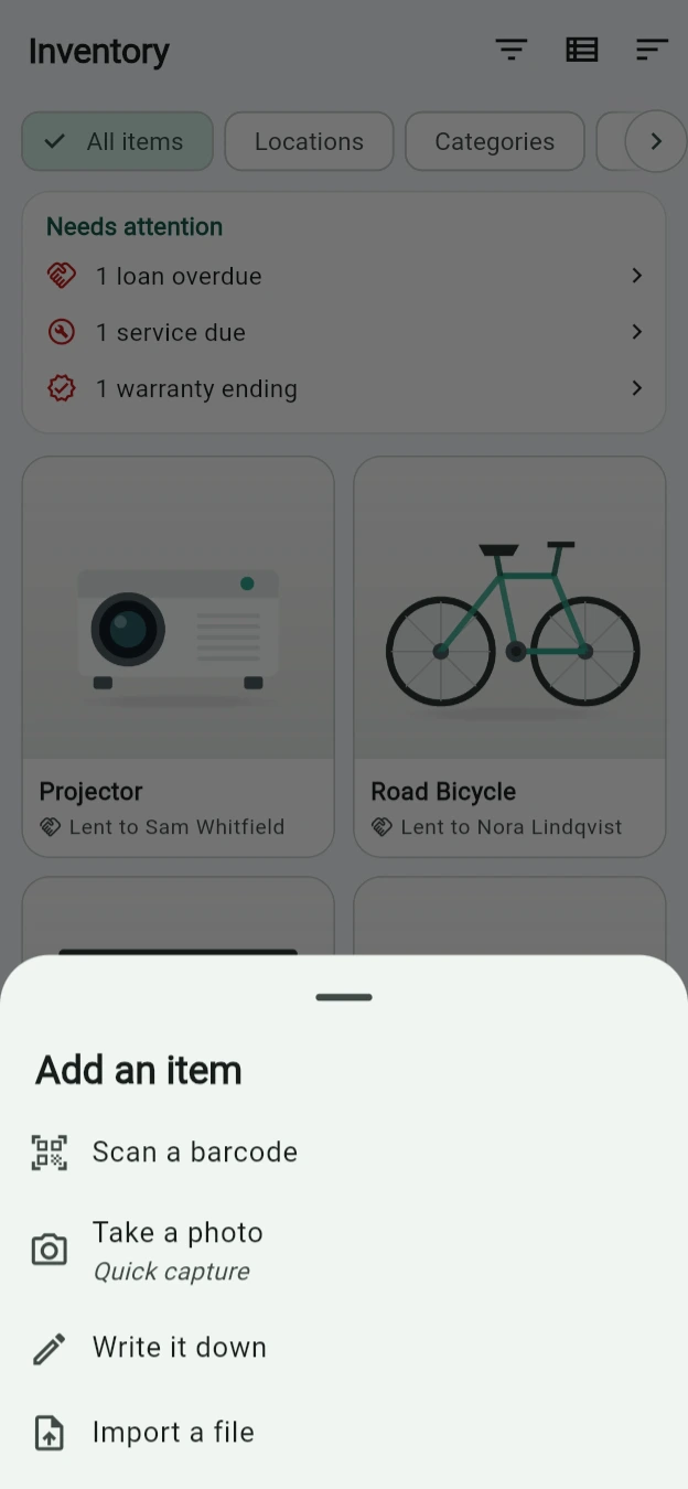 The Add an item sheet over the inventory, offering Scan a barcode, Take a photo marked Quick capture, Write it down, and Import a file.