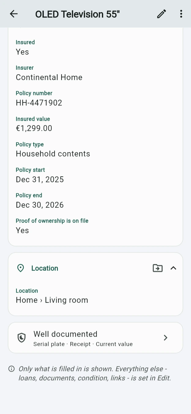 The same record further down: an Insurance block reading Insured Yes, insurer Continental Home, policy number HH-4471902, insured value €1,299.00, policy type Household contents, and the policy start and end dates.