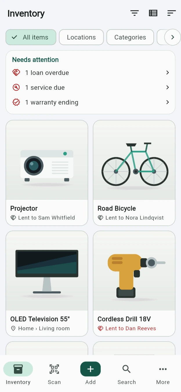 The inventory screen: a Needs attention card listing one overdue loan, one service due and one warranty ending, above a grid of photographed items — a projector and a bicycle both out on loan, a television in the living room, and a cordless drill lent to Dan Reeves shown in red.