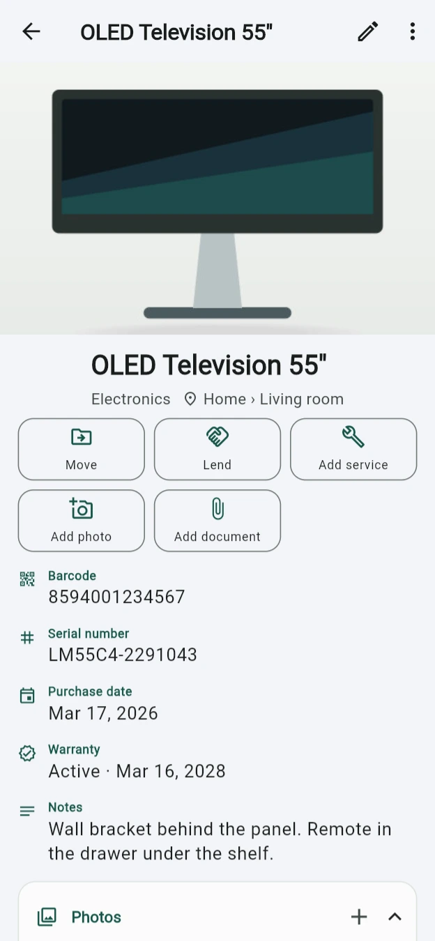 A television's record: its photograph, the category and room, a row of Move, Lend, Add service, Add photo and Add document buttons, then barcode, serial number, purchase date, warranty and notes.