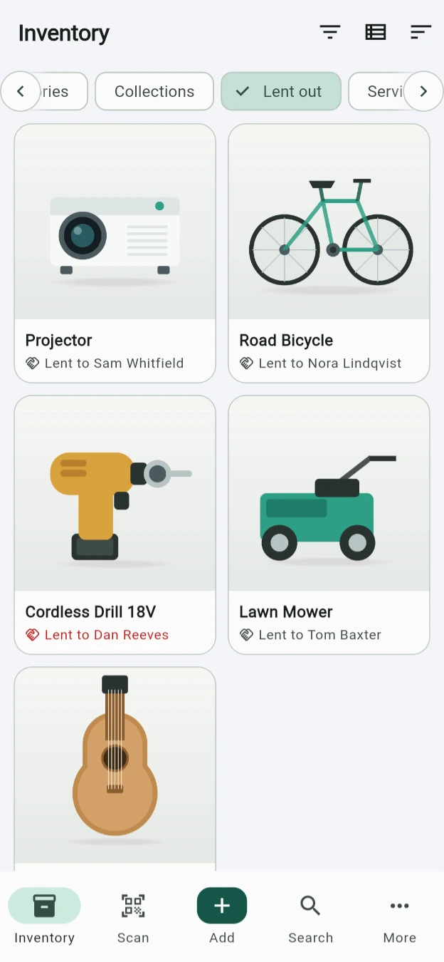 The inventory filtered to Lent out: five photographed items — a projector, a road bicycle, a cordless drill whose “Lent to Dan Reeves” reads red because it is overdue, a lawn mower and an acoustic guitar — each captioned with who has it.
