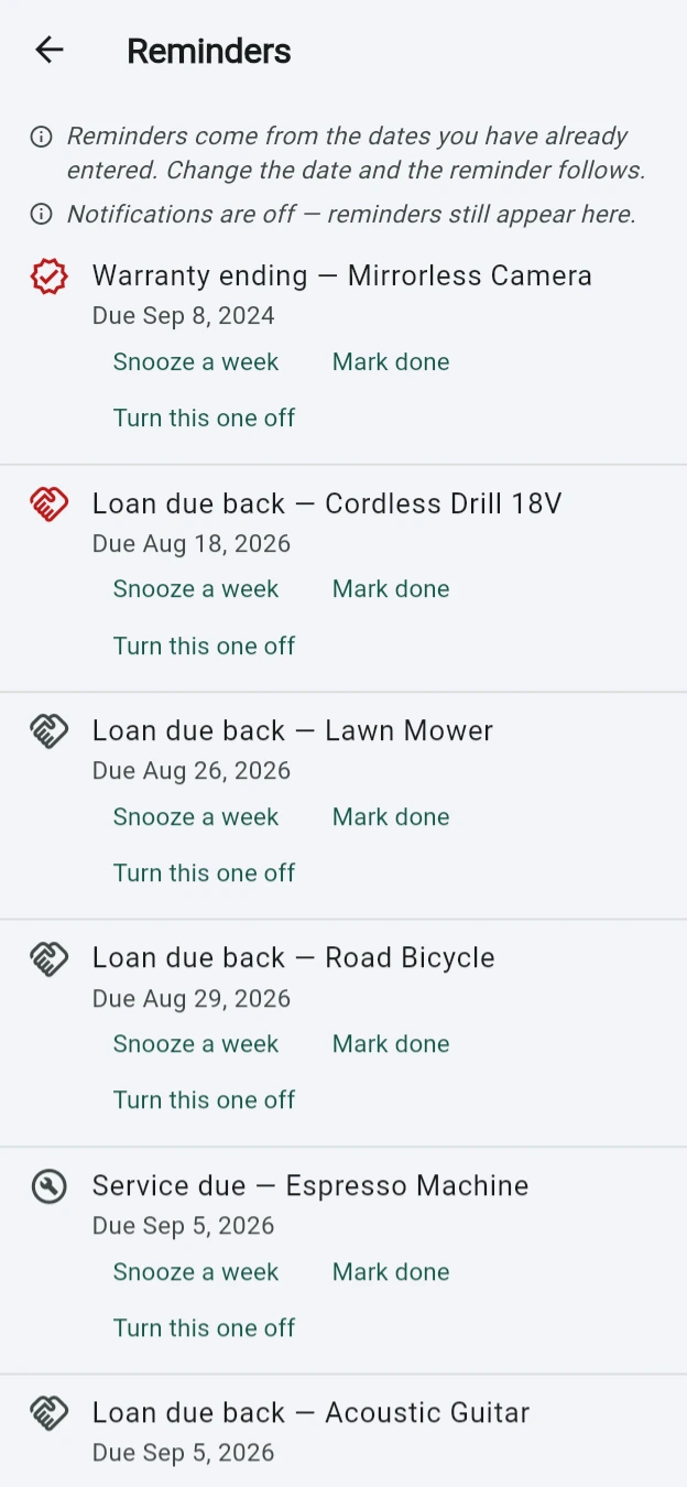 The Reminders screen: a warranty ending for a mirrorless camera, loans due back for a drill, a mower and a bicycle, and a service due for an espresso machine — each with Snooze a week, Mark done and Turn this one off.