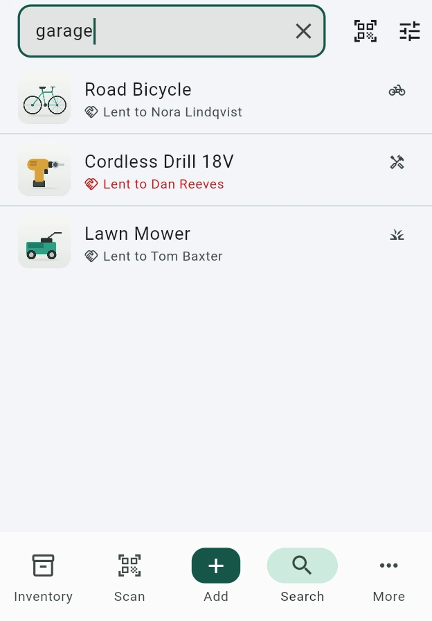 Search with the word garage typed into the field: three results — a road bicycle, a cordless drill and a lawn mower — each showing who currently has it.