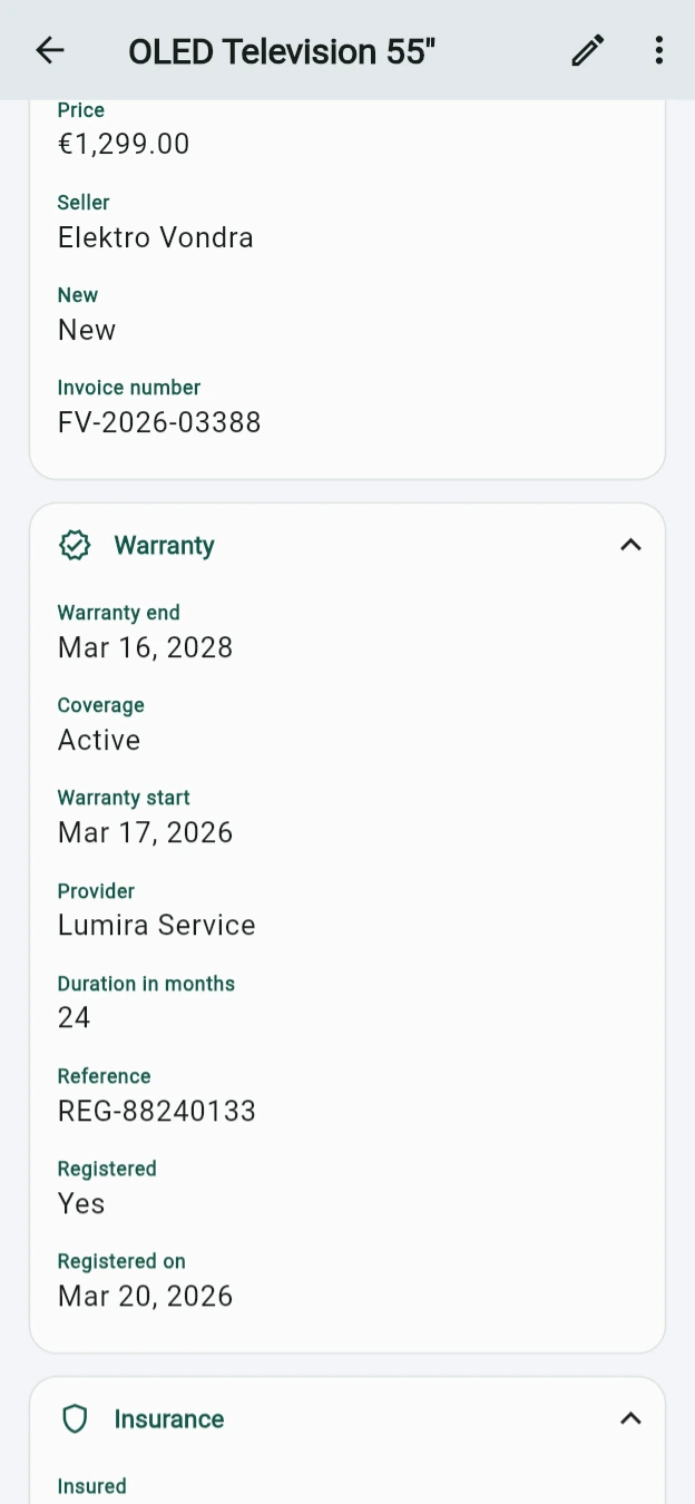 The television's record scrolled to Purchase and Warranty: price €1,299.00, seller Elektro Vondra, invoice number FV-2026-03388, then warranty end 16 March 2028, coverage Active, provider Lumira Service, duration 24 months and the registration date.